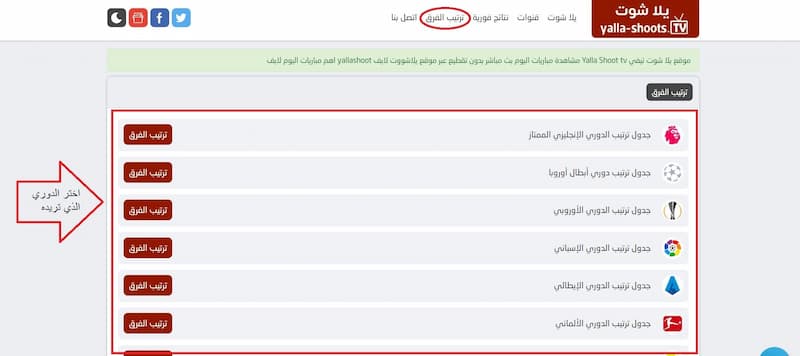 صفحة ترتيب الفرق في يلا شوت